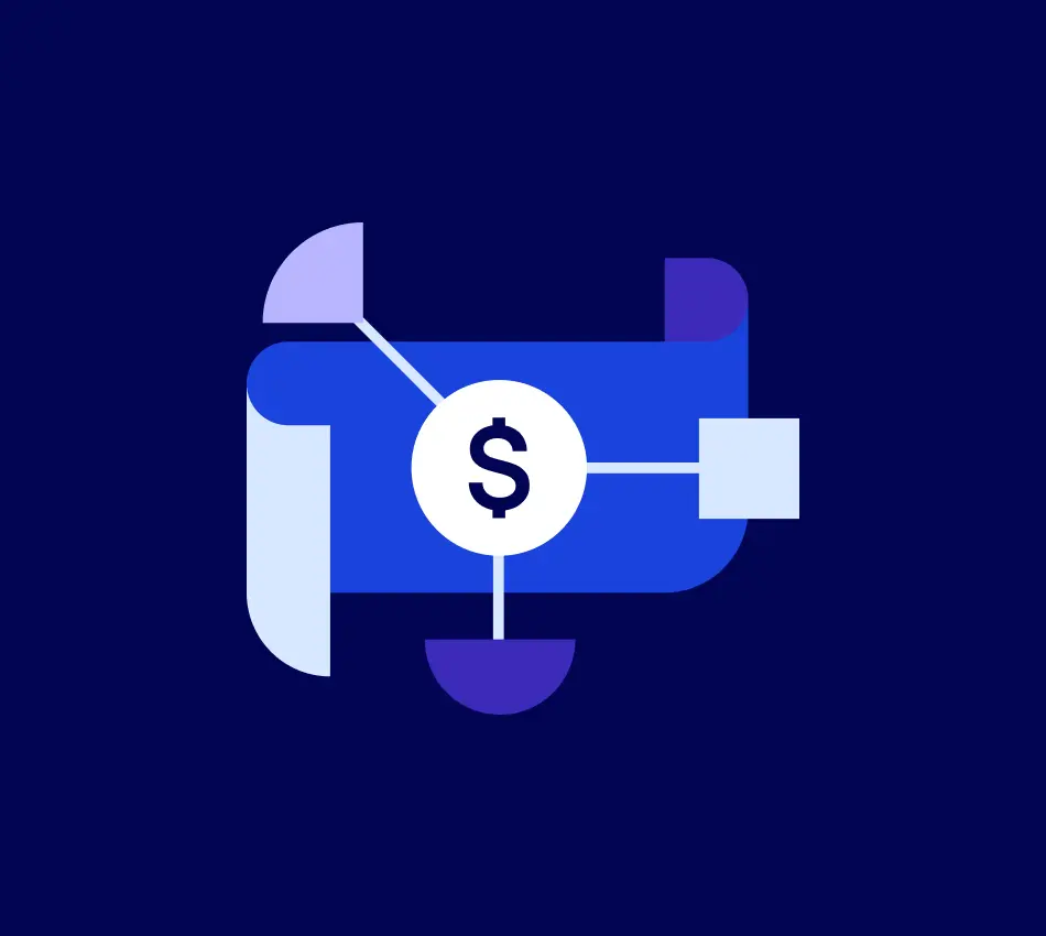 Illustration of a dollar sign wtih various shapes surrounding it to represent software integrations.