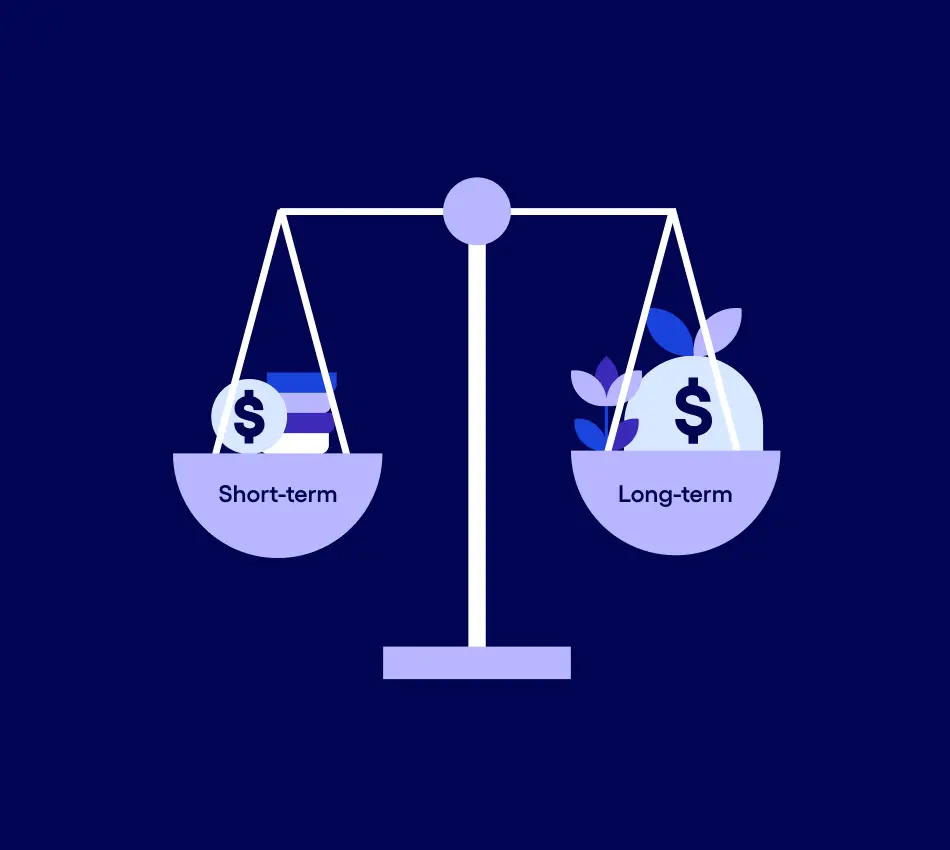 Illustration of a balanced scale with short-term and long-term business finances.