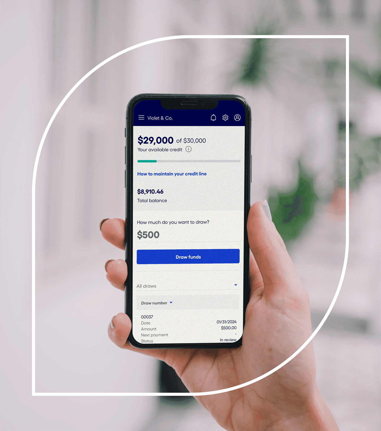 Phone screen showing available line of credit