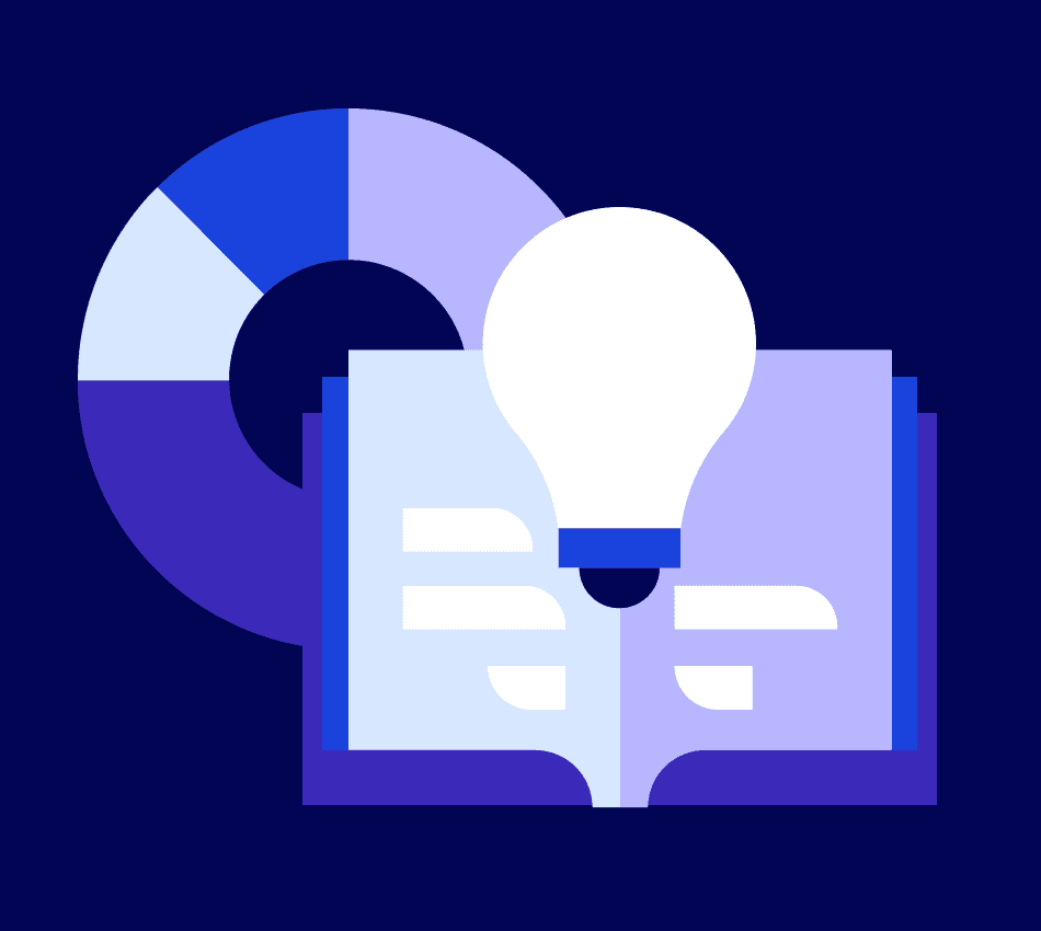 Illustration of a book, lightbulb, and circle graph to represent financial literacy.