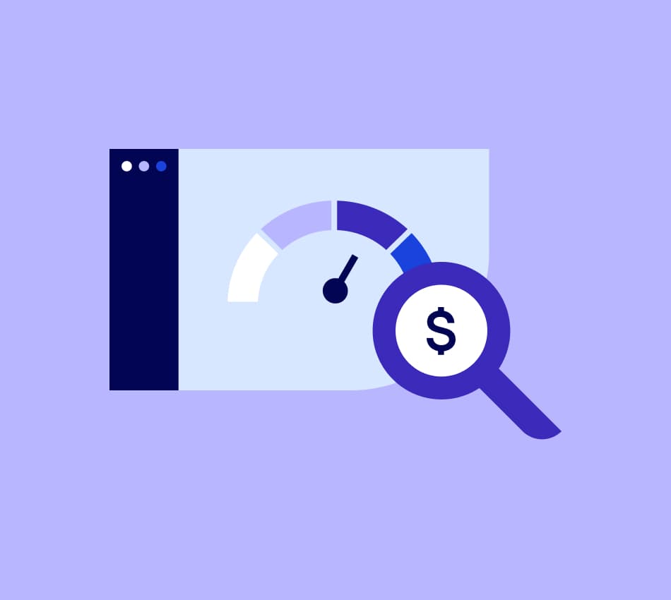 Illustration of a magnifying glass monitoring a business credit scale.