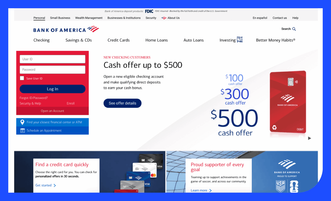 Screenshot of Bank of America's home page