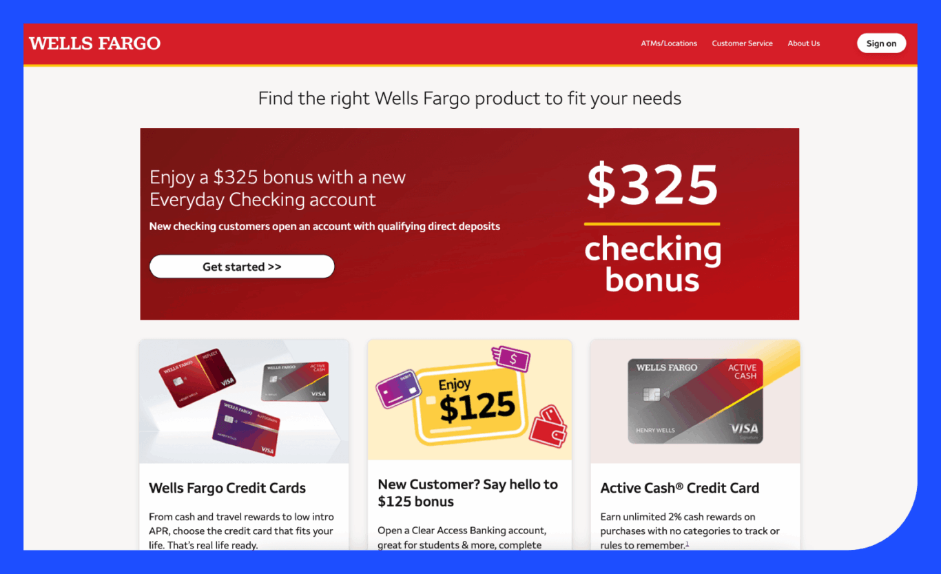 Screenshot of Wells Fargo's home page