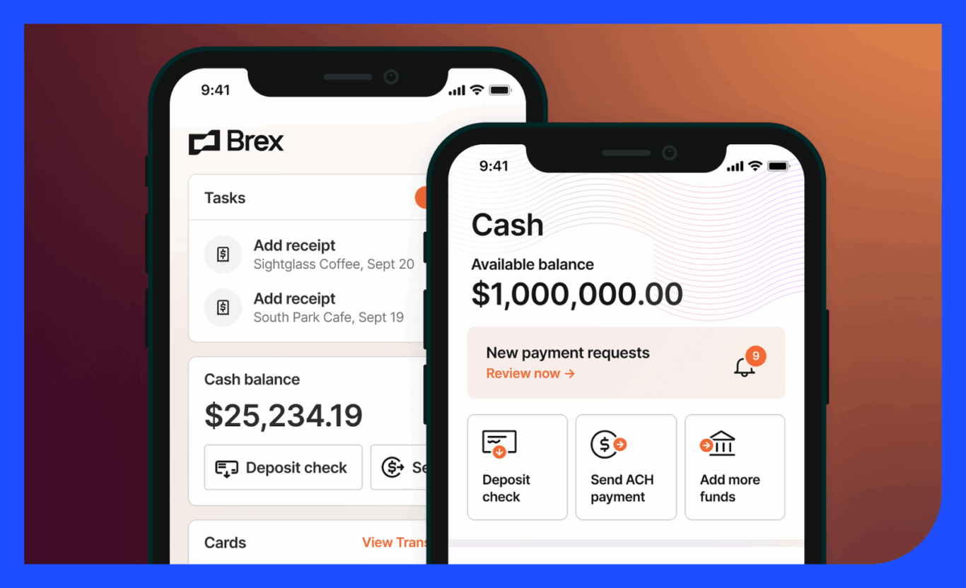Brex app showing total balance with a performance graph, recent transactions, and an active 'Lunch Card' details page.