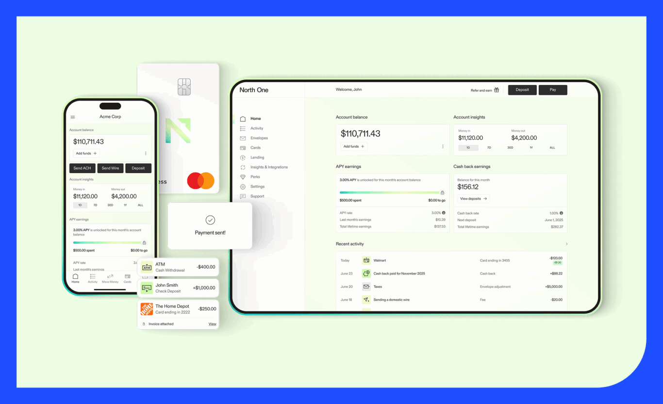 NorthOne app showing the Cash available balance and the overall cash balance.